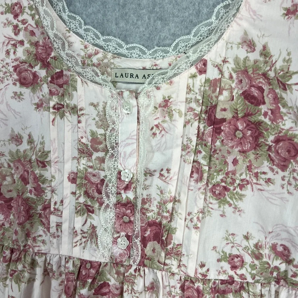 Laura Ashley Nightgown Women L Rose Tea Pink Floral Cotton Lace Trim Vintage NWT